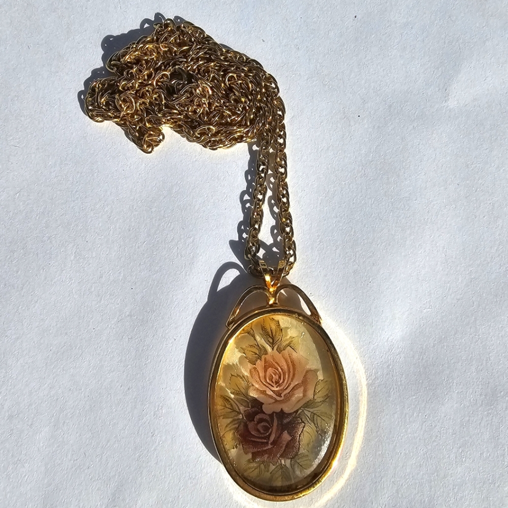 Vintage reverse painted lucite oval pendant pink and red roses